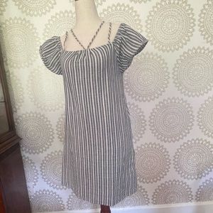 Linen navy and white striped mini dress with unique sleeves size XS